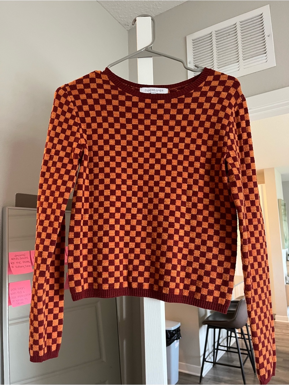 Daydreamer Orange and Burgundy Checker Knit Sweater